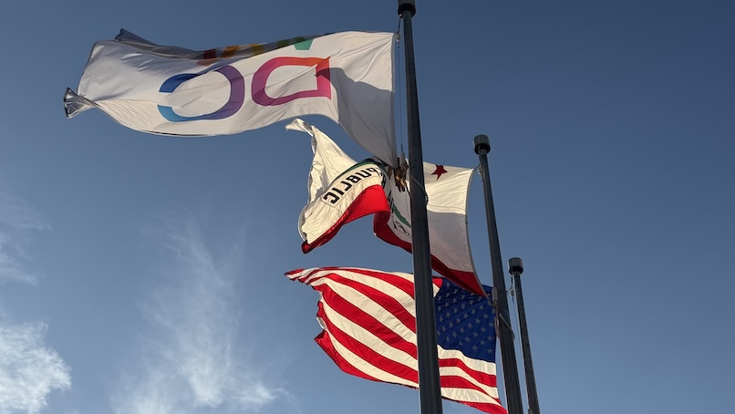 WWDC 2025 flag outside the event venue.