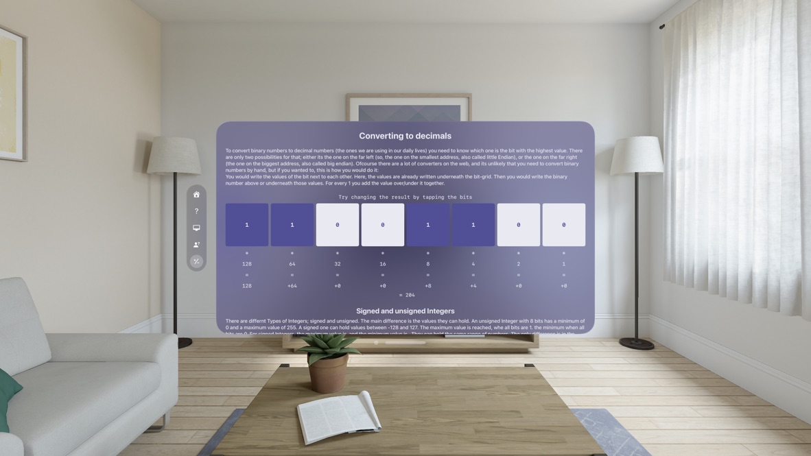 Vision Pro calculator-style exercise screen for The Assembler